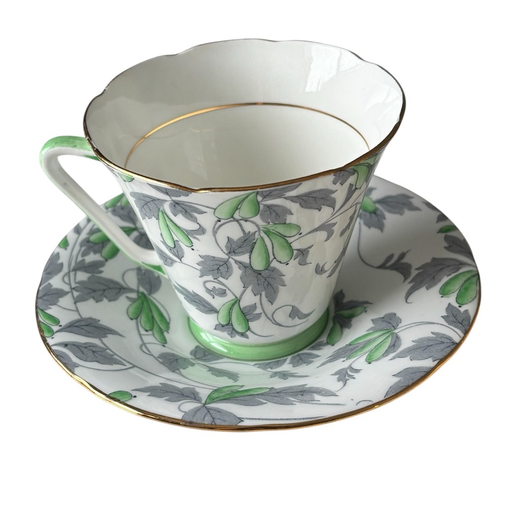 Vintage 1940s Grafton China "Ashley" Tea Cup & Saucer | Green & Grey Botanical - Picture 4 of 10